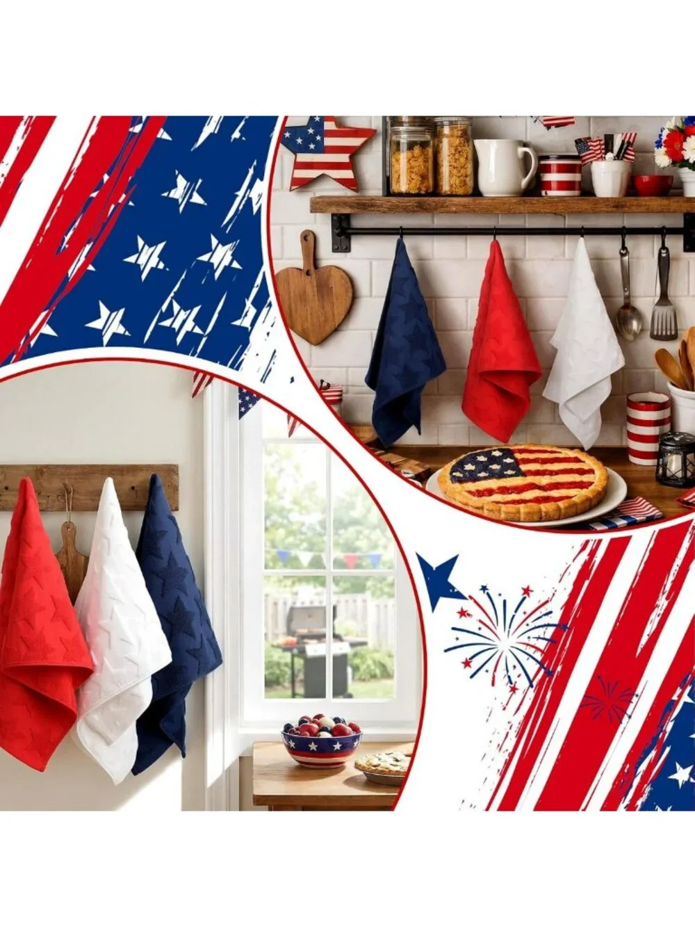 Patriotic Hand Towels Set - 4th of July Decor, Red White Blue Stars, 100% Cotton